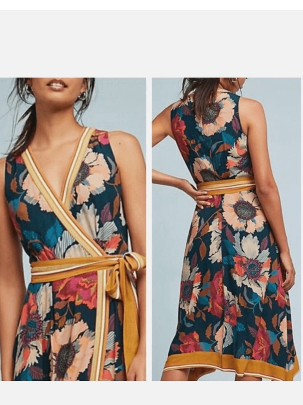 Maeve Teal Floral Midi Dress with Mustard Trim